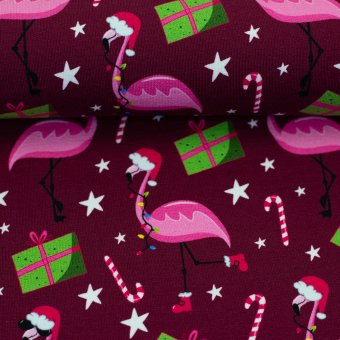 French Terry XMAS FLAMINGO Bordeaux 